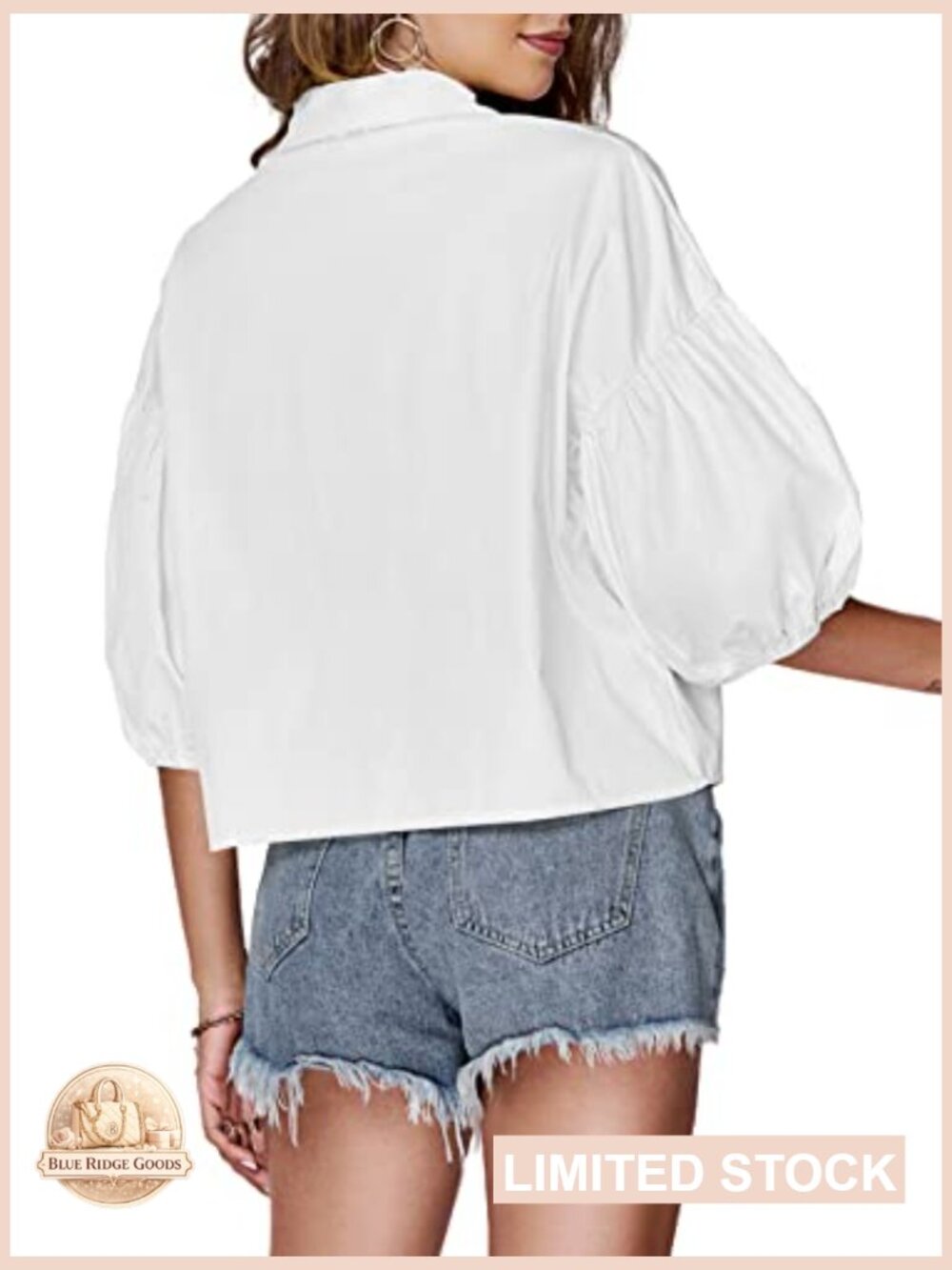 Crop Top Blouse Lantern Sleeve Collared V Neck Button Down Casual Summer Y2K - Picture 2 of 7